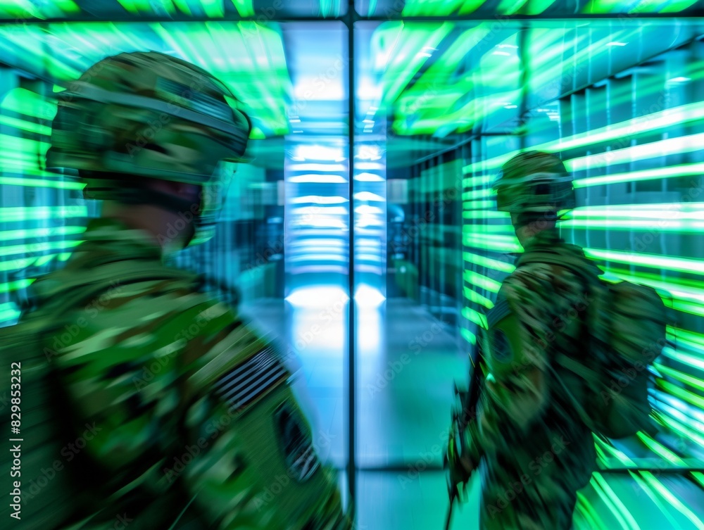 Poster abstract blurry image of two soldiers in a vibrant green control room with symmetrical design and mo