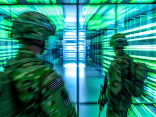 Abstract Blurry Image of Two Soldiers in a Vibrant Green Control Room with Symmetrical Design and Modern Military Atmosphere - Powered by Adobe