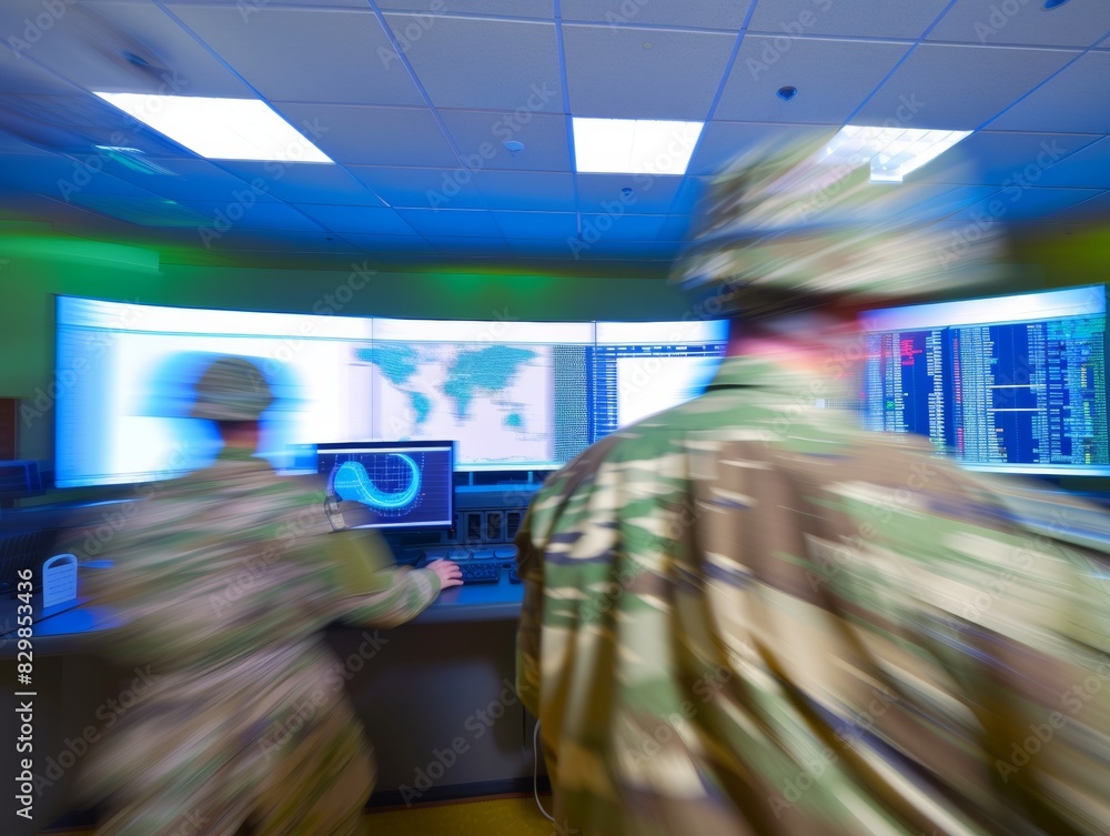 Poster Abstract Motion Blur of Two Soldiers in a High-Tech Control Room, Symmetrical Composition with Green and Gray Tones