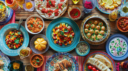 Vivid Colors of an Eid Feast., Eid feast, Islamic celebration, Family feast.