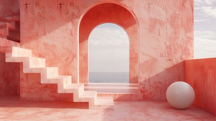 A serene architectural scene featuring a coral-colored interior with a staircase leading to an arched opening. The view through the arch reveals a calm ocean under a cloudy sky