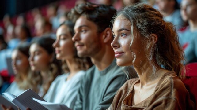 Group of focused young people attending a cultural event in an auditorium setting