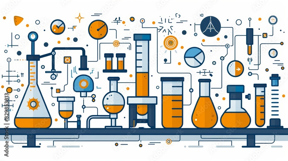 Poster detailed, vibrant flat design illustration representing a science laboratory setup with various lab 