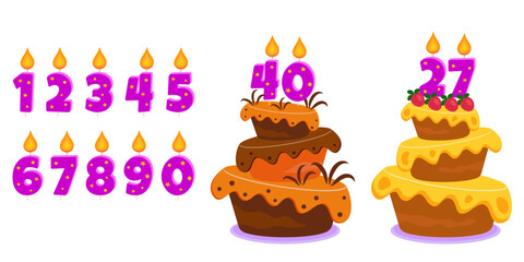 Set for birthday greetings with cake and burning candles numbers, vector.