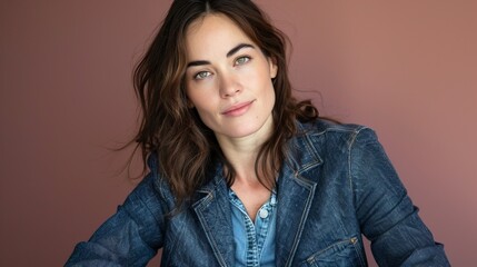 Fototapeta premium Portrait of a woman with wavy brown hair wearing a denim jacket against a plain background
