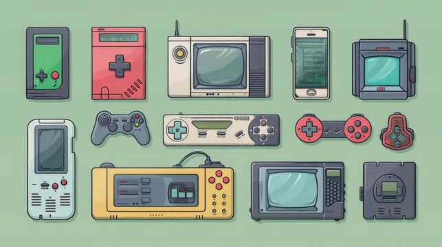 Design an illustration featuring old school gadgets with a minimalist touch. Focus on early digital devices like handheld gaming consoles, bulky cell phones, and portable CD players. Use clean lines