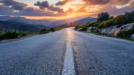 Low level view of empty old paved road in mountain area at sunset