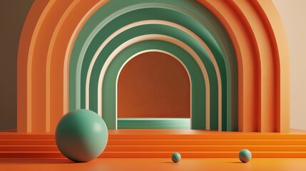 Abstract geometric composition with colorful arches and spheres. The image features a series of orange and green arches with three spheres of varying sizes placed on an orange platform