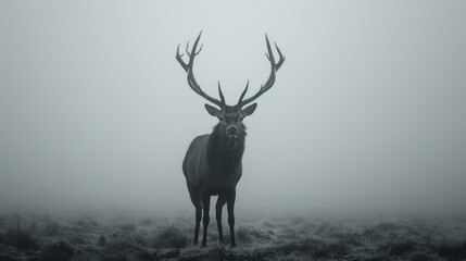 A majestic stag stands alone in a foggy landscape, emanating a sense of solitude and the beauty of nature in the wild