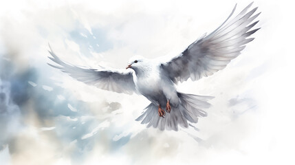 White dove, a symbol of peace, flew gracefully with its wings outstretched, each feather reflecting holy light of the spirit as the bird soared through the sky. dove, white, holy, feather, peace.