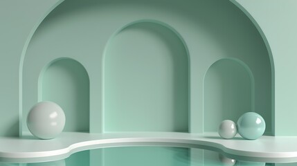 Minimalist abstract scene with pastel green arches and reflective spheres by a pool