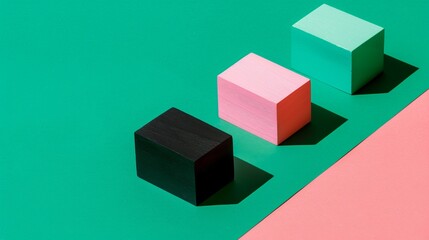 Obraz premium Three colorful wooden blocks on a green and pink background. The blocks are black, pink, and green, casting shadows