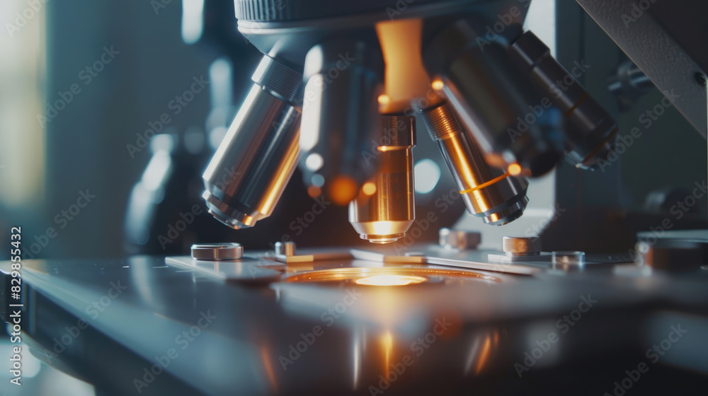 Wall mural close-up view of laboratory microscope with scientific instruments