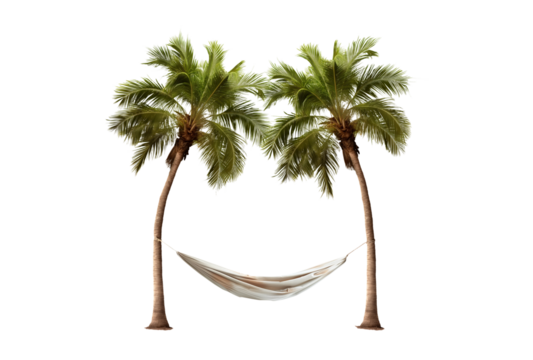 Two palm trees with a hammock hanged between the two tree trunks. Conceptual image that ties in well with travel, retirement, happiness, freedom, tranquility, summer, carefree. transparent background 