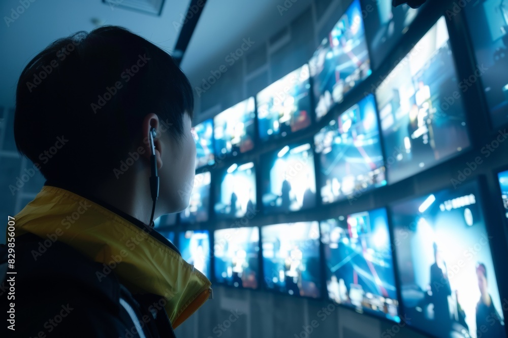 Poster multiracial security team monitoring surveillance footage in high-tech control room, daytime teamwor