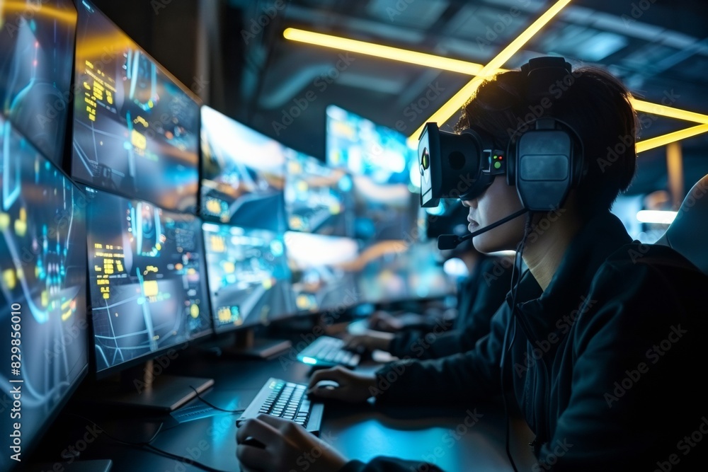 Poster diverse security team monitoring cctv in high-tech control room, daytime - teamwork in advanced surv