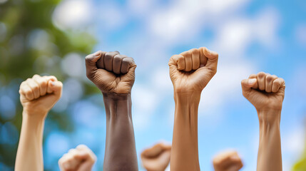 Multi ethnic people raising their fists up in the air