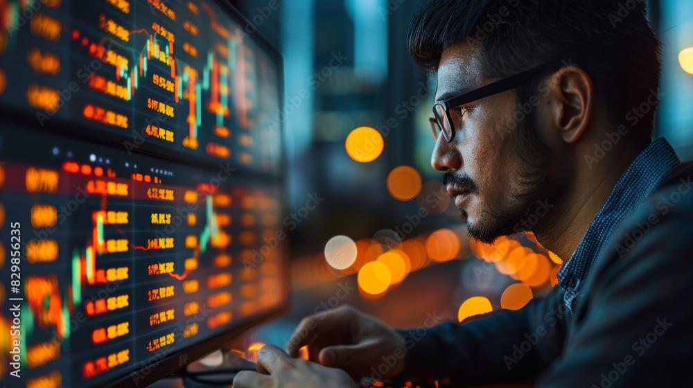 Poster person in front of multiple screens displaying stock market data