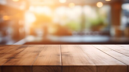 Wooden table for product presentation on blurred kitchen background. Generative AI.
