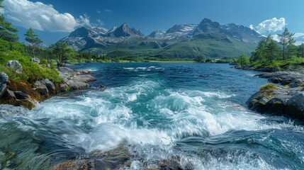 A vibrant river flows with mountains in the background, surrounded by lush greenery and a clear sky - Powered by Adobe