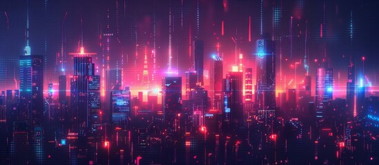 Naklejka premium Futuristic Cityscape Illuminated with Neon Lights, Hi-Tech Urban Landscape, futuristic technology concept, graphic banner design