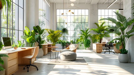 Open space bright office with lots of green plants and bright sunlight