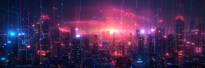 Obraz premium Futuristic Cityscape Illuminated with Neon Lights, Hi-Tech Urban Landscape, futuristic technology concept, graphic banner design