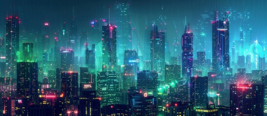 Obraz premium Futuristic Cityscape Illuminated with Neon Lights, Hi-Tech Urban Landscape, futuristic technology concept, graphic banner design