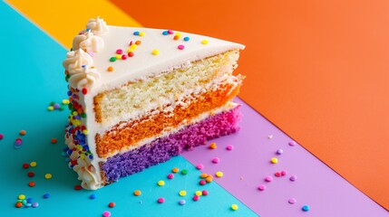 A slice of colorful layered cake with white frosting and rainbow sprinkles on a vibrant, multicolored background