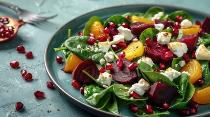 A plate arranged with spinach salad roasted beets goat cheese and pomegranate on a bright surface
