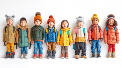 Group of small different raced children of pre school age with rucksacks and dressed in jackets and hats on white background. Selective focus. School time concept. Autumn season  