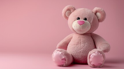 A cute pink teddy bear sitting against a pink background. The teddy bear has a heart-shaped nose and a friendly smile