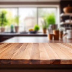 Wooden table for product presentation on blurred kitchen background. Generative AI.