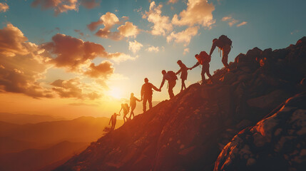 Fototapeta premium Panoramic view of team of people holding hands and helping each other reach the mountain top in spectacular mountain sunset landscape