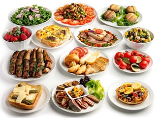 Various plates of food on a white background