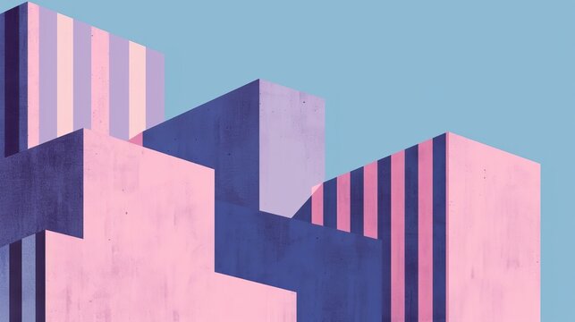 Abstract geometric illustration of buildings with a pastel color palette, featuring pink and blue tones. The design emphasizes shapes and shadows, creating a modern aesthetic