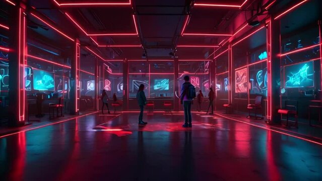 Men and women observe an immersive light display within a neon-lit art installation.