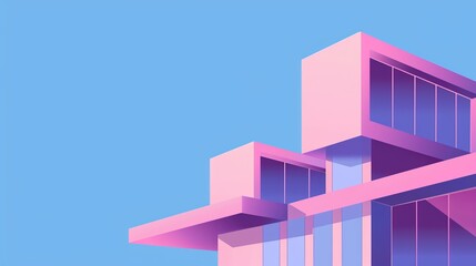Fototapeta premium Modern architectural design of a building with pink and purple geometric shapes against a clear blue sky