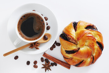 Coffee and bun with chocolate