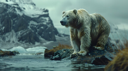 Fototapeta premium A solitary polar bear on a melting iceberg, rising sea levels, and a flooded landscape. the critical impact of global warming and climate crisis on wildlife, need for conservation and sustainability.