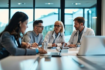 Medical team conversating at a meeting in conference room.