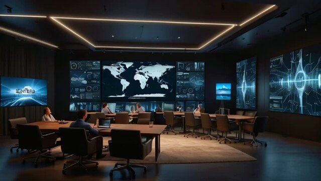 Futuristic interior view of office with holographic screen, technology concept