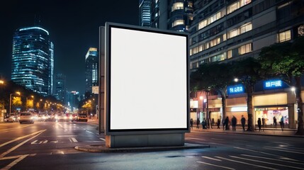 Empty vertical space advertisement board, blank white signboard on roadside in city, vertical blank...