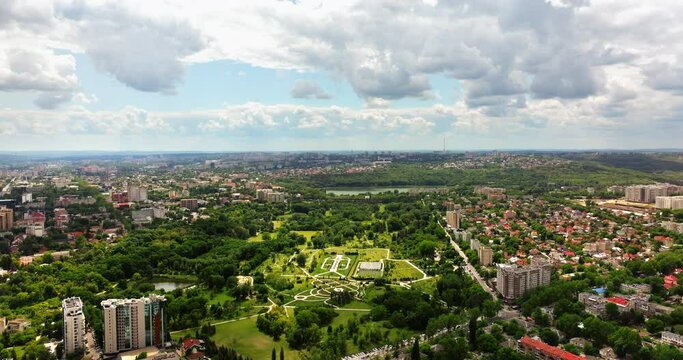 Aerial drone view of Pelinia, Drochia, Moldova with a cloudy sky