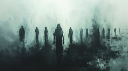 Create a minimalist artwork featuring spooky silhouettes. Depict a group of shadowy figures standing against a dark, foggy background. Use simple, clean lines and a limited color scheme to maintain a