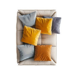 Top view of beige sofa with colorful cushions top view transparent background