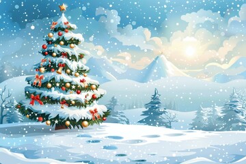 Winter Wonderland Christmas Tree in Snowy Village Landscape