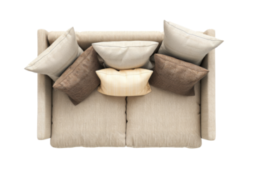Top view of beige sofa with assorted pillows transparent background