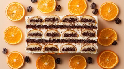 A rectangular layered cake with chocolate and cream layers, topped with orange slices. The cake is surrounded by halved and whole orange slices and coffee beans on a light beige background