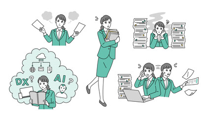 忙しい経理職のビジネスパーソンの様々なビジネスシーンのイラストセット